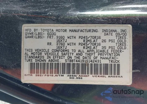 2001 Toyota Tundra Sr5 V8 z USA, uszkodzony, nr VIN 5TBBT44191S142431